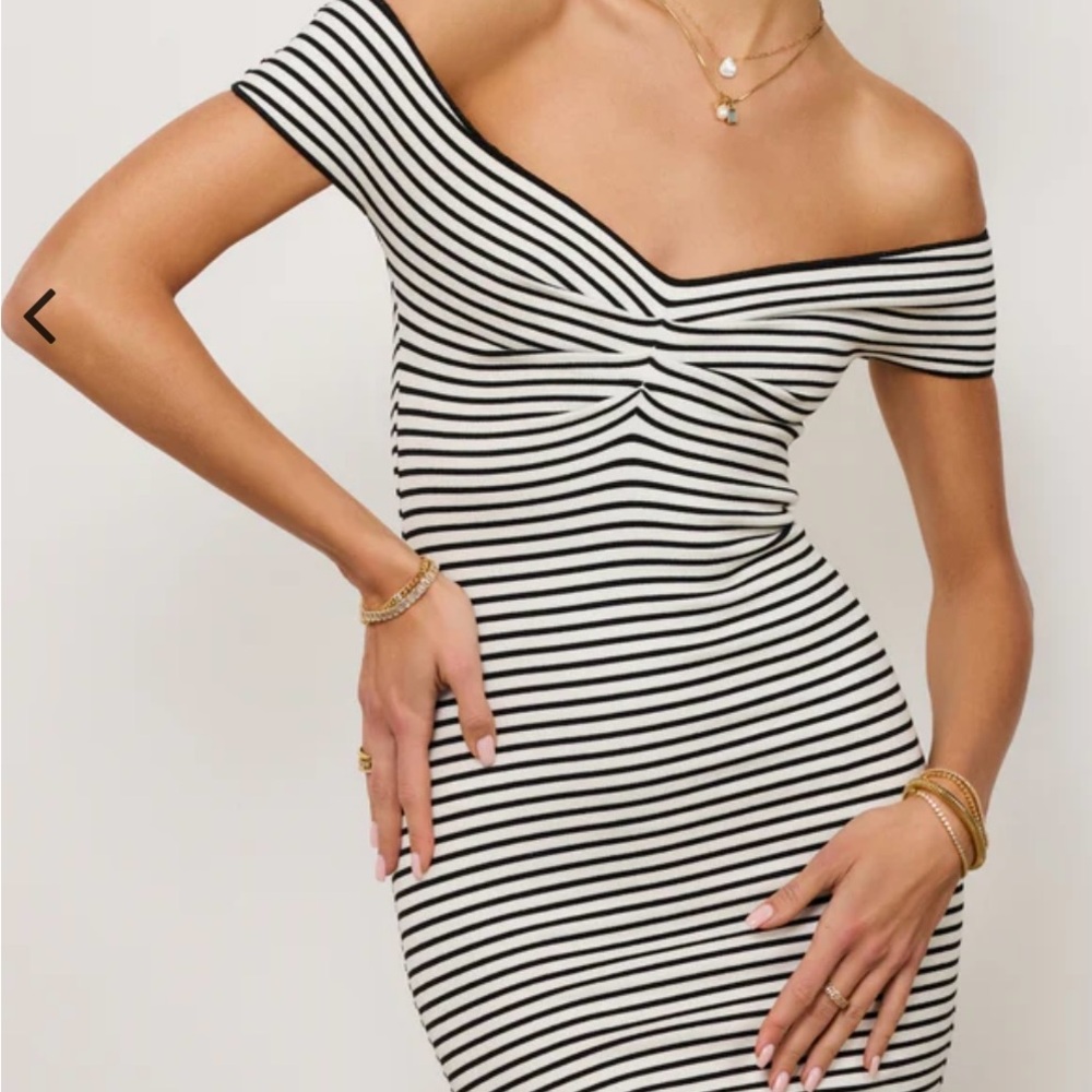 ZARA Black White Striped Knit Off Shoulder Bodycon Midi Dress, Size M